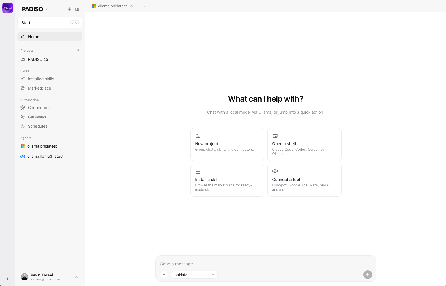 Hoook dashboard — Home with quick actions and agent tabs